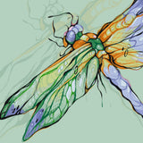 Stylized dragonfly with vivid wings in shades of green, orange, and purple, designed by Kalinina for the Dragonfly paint by numbers kit.