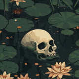 Skull submerged in a dark lily pond surrounded by blooming water lilies, featured in the Drowned Echoes paint by numbers kit.