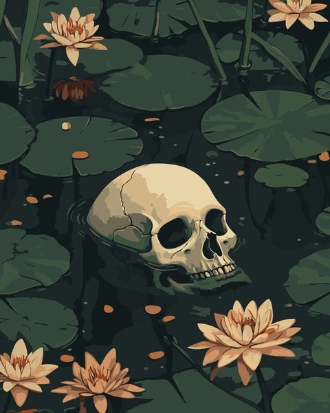 Skull submerged in a dark lily pond surrounded by blooming water lilies, featured in the Drowned Echoes paint by numbers kit.