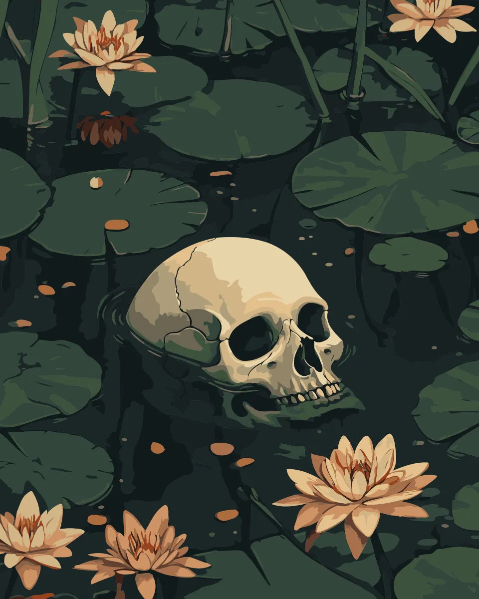Skull submerged in a dark lily pond surrounded by blooming water lilies, featured in the Drowned Echoes paint by numbers kit.