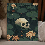 Skull submerged in a dark lily pond surrounded by blooming water lilies, featured in the Drowned Echoes paint by numbers kit.