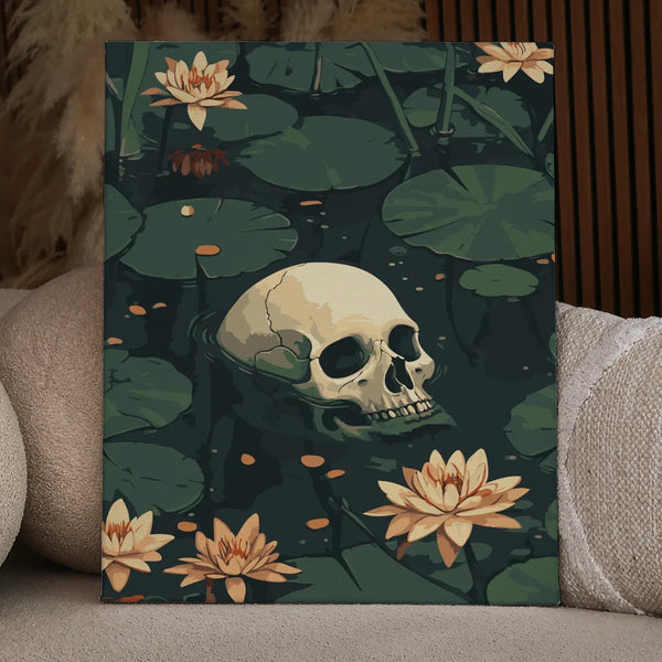 Skull submerged in a dark lily pond surrounded by blooming water lilies, featured in the Drowned Echoes paint by numbers kit.