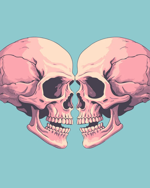 Two pink skulls forming a heart shape on blue background