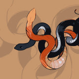 Two intertwined snakes—one black, one orange-peach—coiled on a warm tan background. A symbolic and surreal snake artwork by Kalinina.