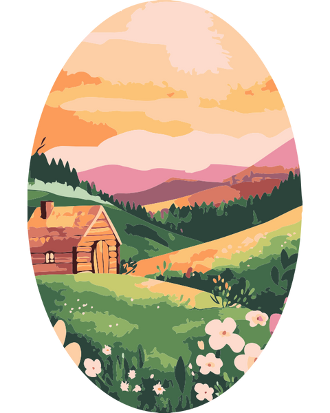 Easter Cabin Paint by Numbers Kit featuring a log cabin nestled in spring hills, framed by wildflowers and a pastel sunset within an egg shape.