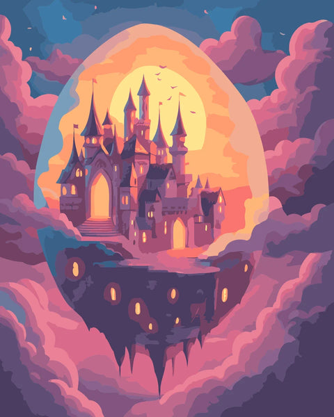 Egg Castle Paint by Numbers Kit featuring a floating fantasy castle inside a glowing egg-shaped sky, surrounded by soft clouds.
