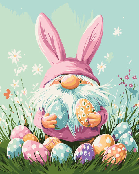 Egg Collector Paint by Numbers Kit featuring a festive gnome with bunny ears, holding Easter eggs in a colorful meadow.