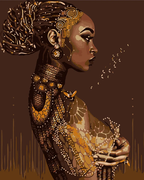 Elegant woman with intricate golden patterns and beehive elements