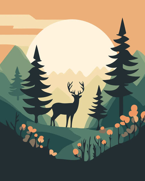 Silhouette of a deer in a forest with sunset backdrop