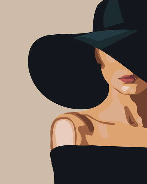 Mysterious woman in black hat and dress with hidden eyes