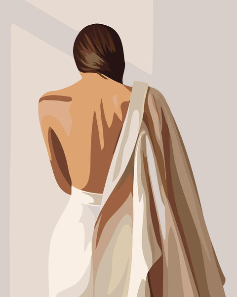 Minimalist painting of a woman with bare back and draped fabric