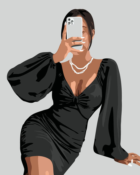 Stylish woman in black dress taking a mirror selfie