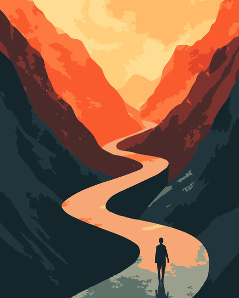 Endless Journey Paint by Numbers Kit featuring a winding path through vibrant orange mountains, symbolizing discovery and perseverance.