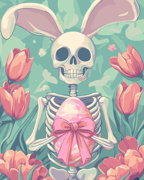 Eternal Easter Paint by Numbers Kit featuring a skeleton with bunny ears holding a pastel Easter egg, surrounded by pink tulips.