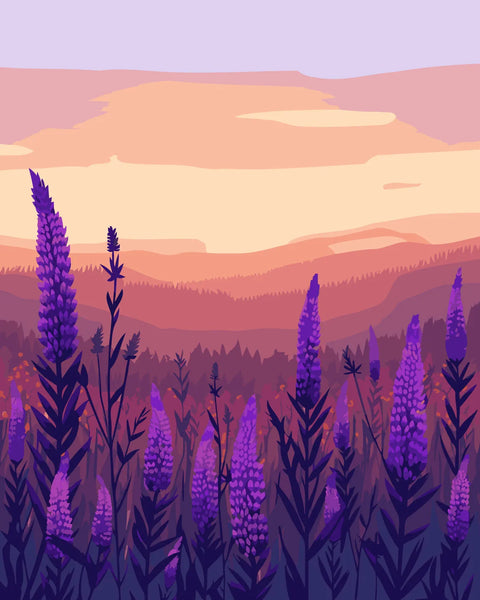 Purple wildflowers in a sunset-lit mountain landscape scenery