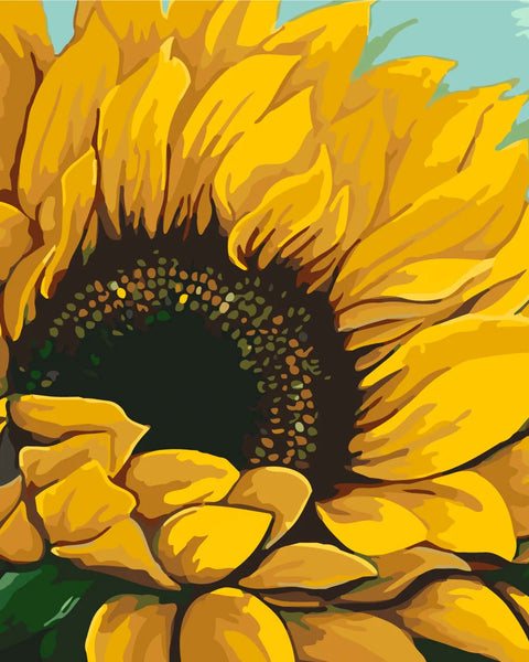 Close-up painting of a vibrant yellow sunflower in full bloom