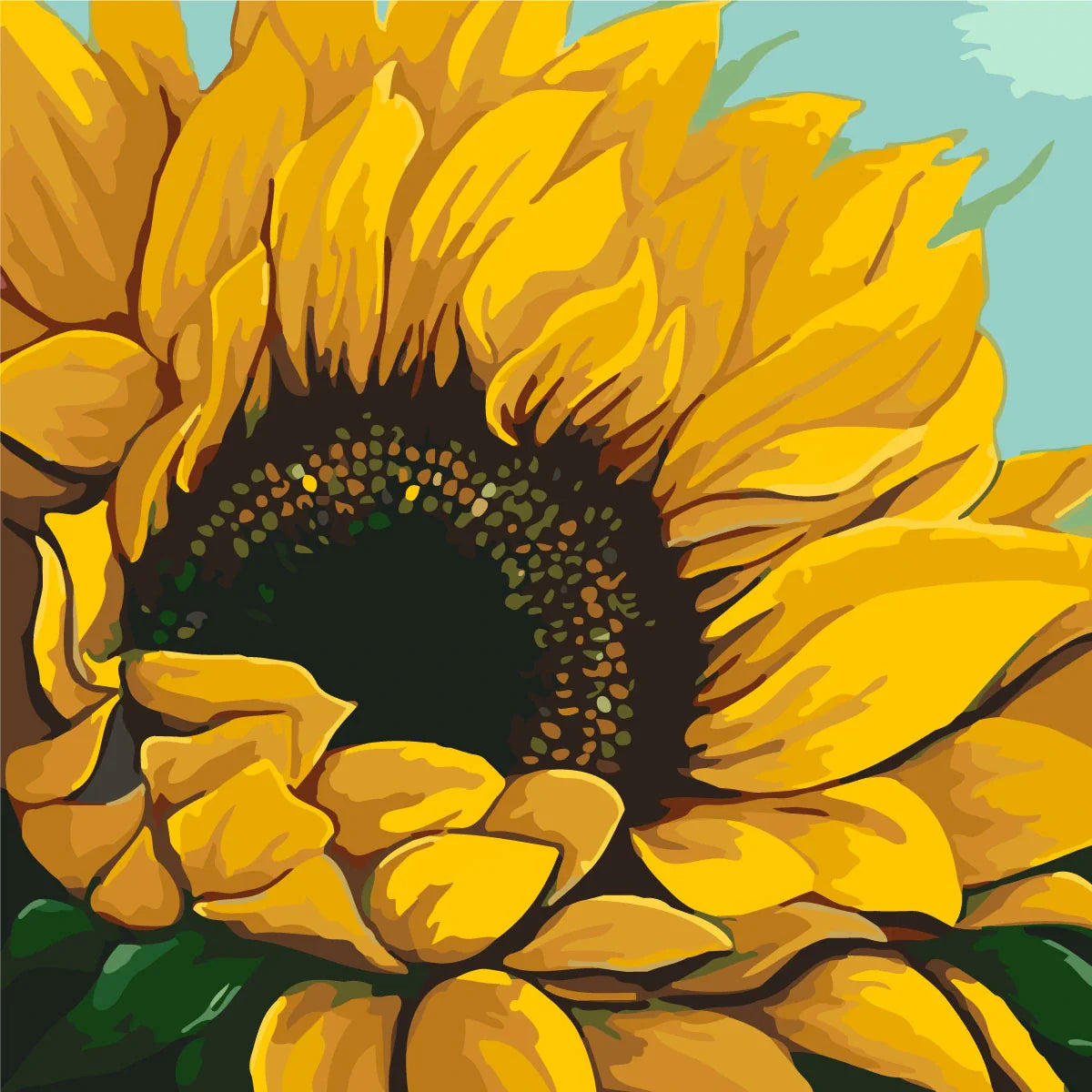 Close-up painting of a vibrant yellow sunflower in full bloom