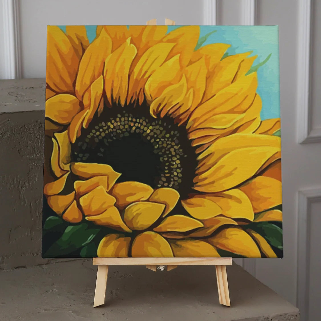 Close-up painting of a vibrant yellow sunflower in full bloom