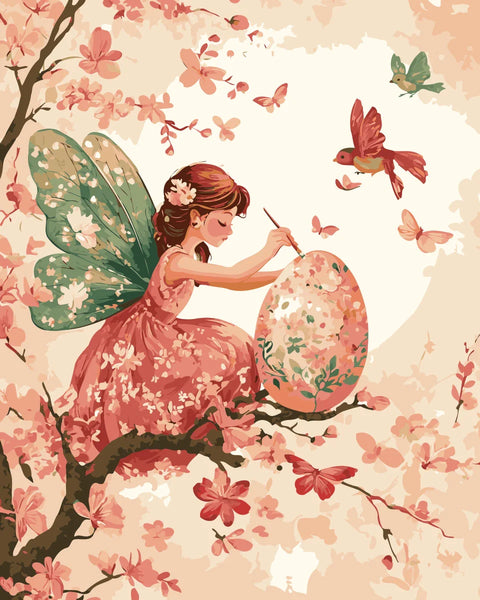 Fairy Painter Paint by Numbers Kit featuring a whimsical fairy painting an Easter egg on a cherry blossom tree, surrounded by butterflies and birds.
