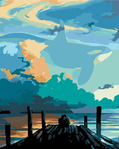 Surreal painting of a giant whale in the sky above water