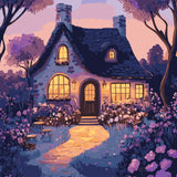 A charming stone cottage with glowing windows, surrounded by lush flowers and trees under a dreamy twilight sky, creating a magical and cozy atmosphere.