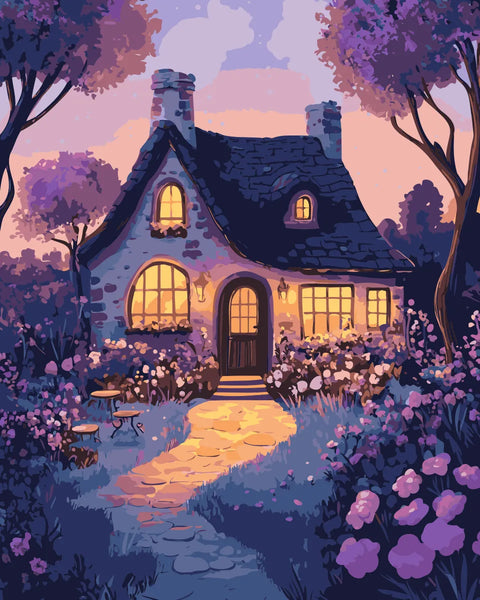 A charming stone cottage with glowing windows, surrounded by lush flowers and trees under a dreamy twilight sky, creating a magical and cozy atmosphere.