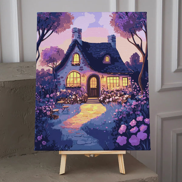 A charming stone cottage with glowing windows, surrounded by lush flowers and trees under a dreamy twilight sky, creating a magical and cozy atmosphere.