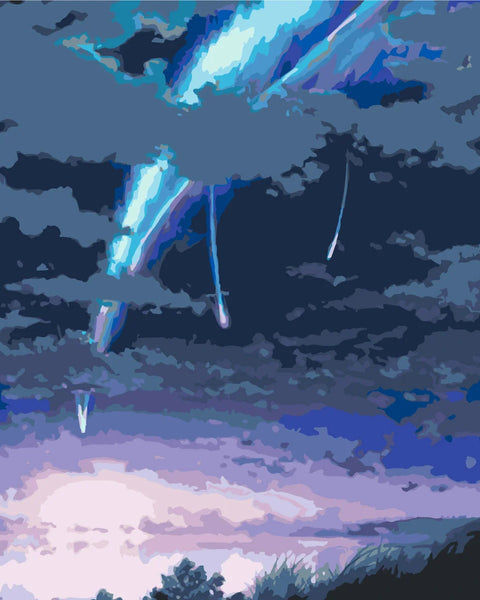 Meteor shower illuminating the night sky with a lone observer