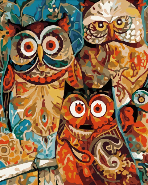 Colorful abstract painting of owls with intricate patterns and details