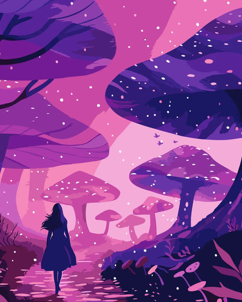 Mystical landscape with giant glowing mushrooms and a wandering figure