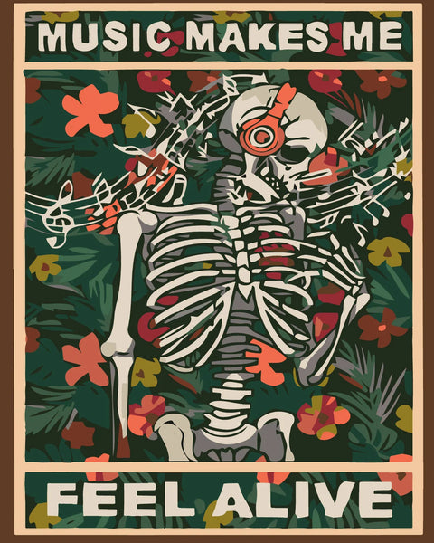 Skeleton wearing headphones with music notes and vibrant flowers