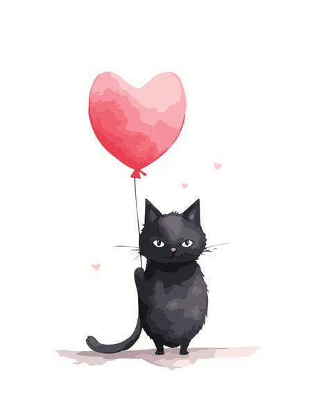 Cute black cat holding a heart-shaped balloon with love