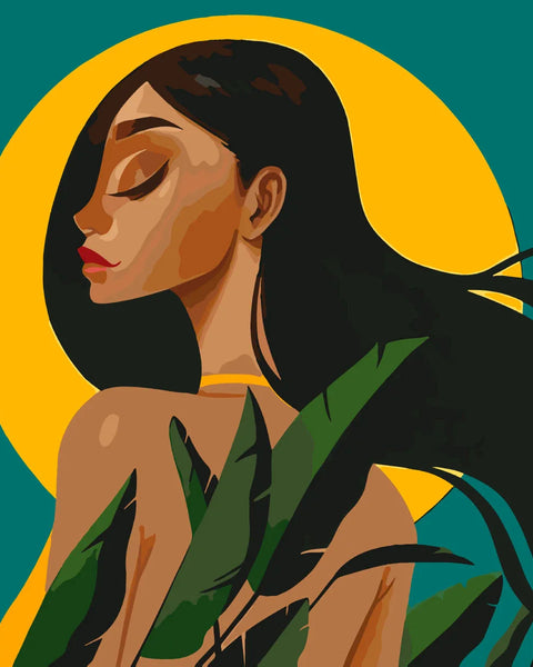 Woman with flowing black hair surrounded by leaves and sunlight