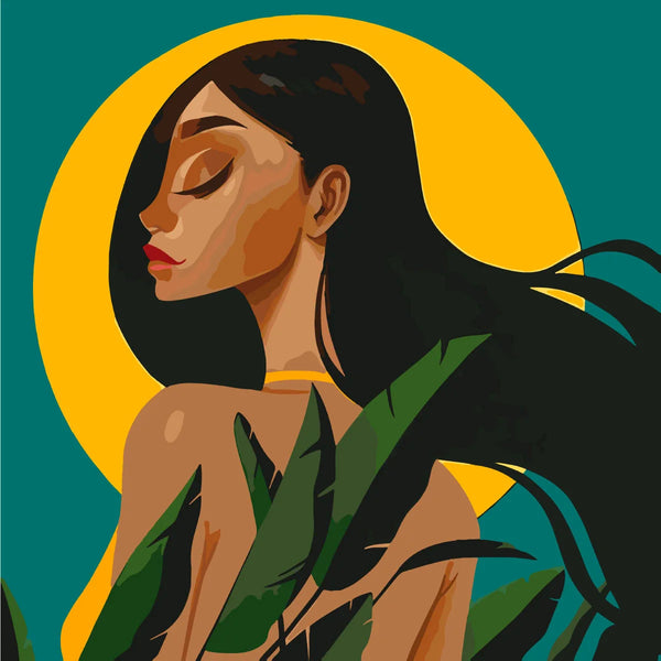Woman with flowing black hair surrounded by leaves and sunlight
