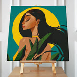 Woman with flowing black hair surrounded by leaves and sunlight