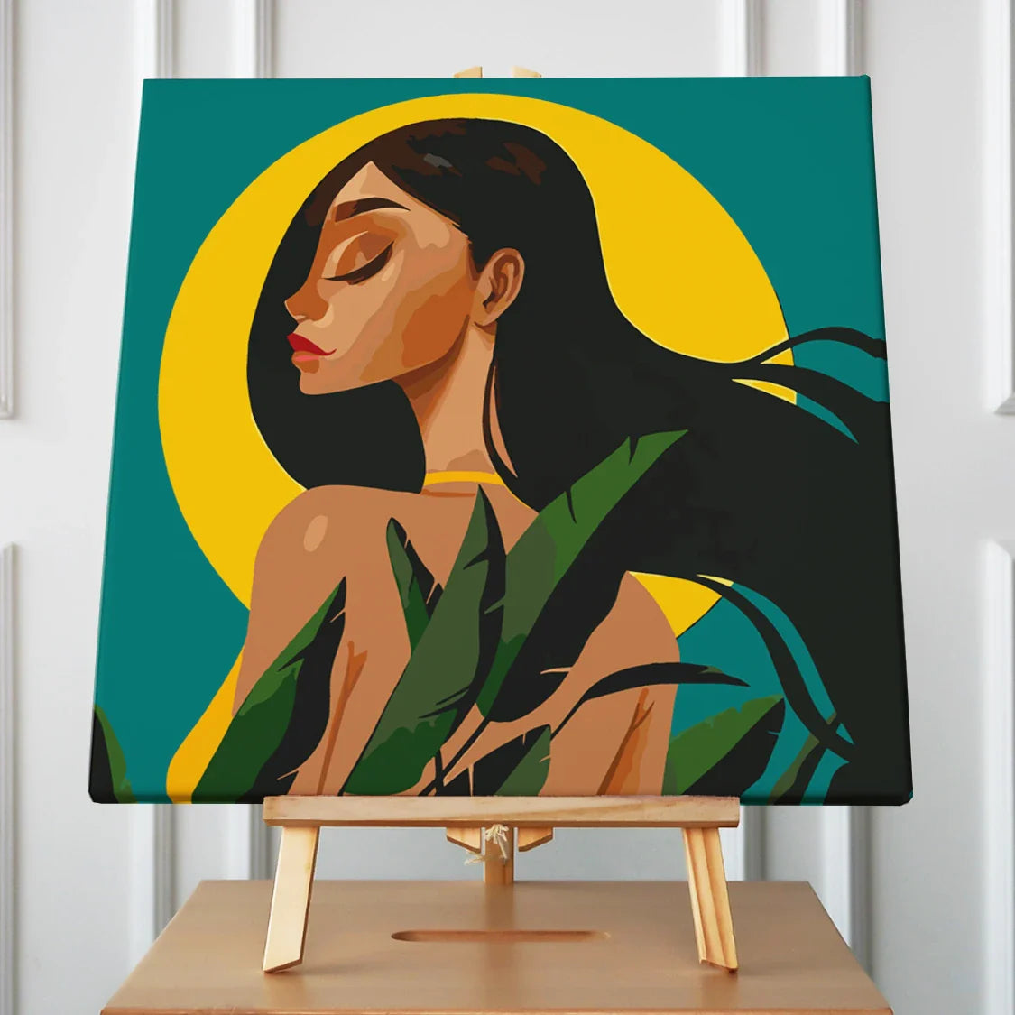 Woman with flowing black hair surrounded by leaves and sunlight