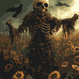 Skeletal scarecrow surrounded by sunflowers with dark crows flying under a stormy sky, featured in the Field of Shadows paint by numbers kit.