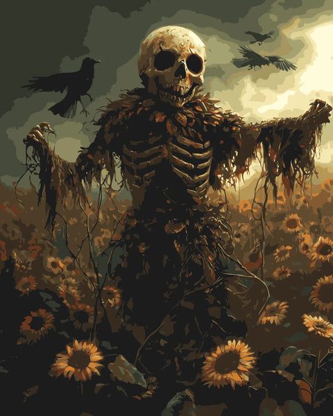 Skeletal scarecrow surrounded by sunflowers with dark crows flying under a stormy sky, featured in the Field of Shadows paint by numbers kit.