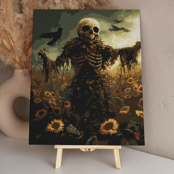 Skeletal scarecrow surrounded by sunflowers with dark crows flying under a stormy sky, featured in the Field of Shadows paint by numbers kit.