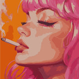 Close-up portrait of a woman with pink hair smoking