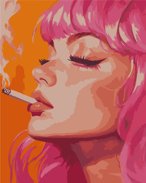 Close-up portrait of a woman with pink hair smoking