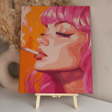 Close-up portrait of a woman with pink hair smoking