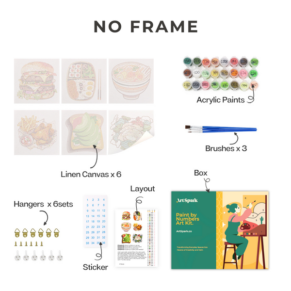 Flavors Around paint by numbers set without frame, including six linen canvases, acrylic paints, brushes, layout guide, stickers, and hangers