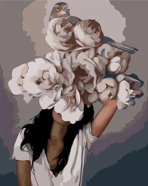 Surreal portrait of a woman with flowers and a bird