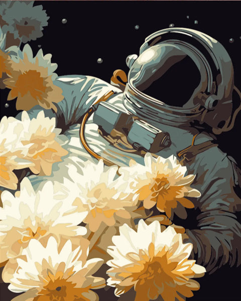 Surreal painting of an astronaut floating in space with flowers