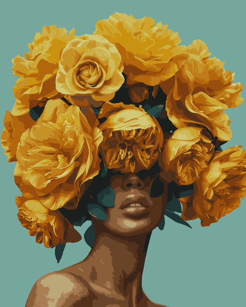 Abstract portrait of a woman with a vibrant yellow floral crown