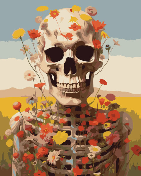 Skeleton with blooming flowers growing from bones in a field