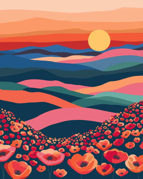 Colorful landscape painting of rolling hills with blooming red poppies