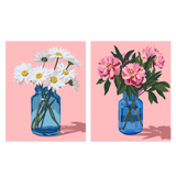 Still life painting of daisies and peonies in blue glass jars