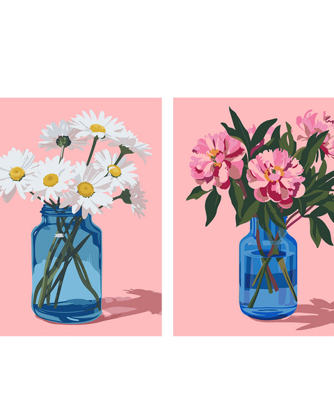 Still life painting of daisies and peonies in blue glass jars